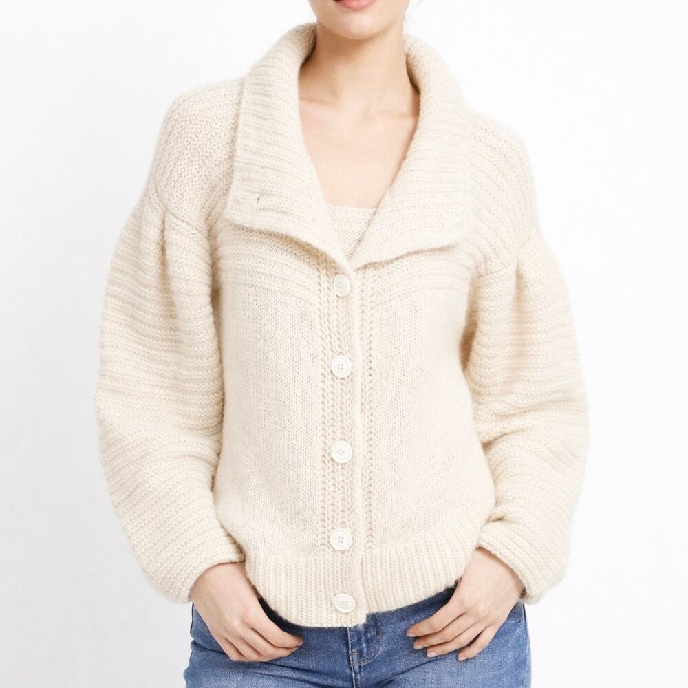 BENETTON Chunky Knit Cardigan Oversized Cottagecore Pleated Sweater Cream